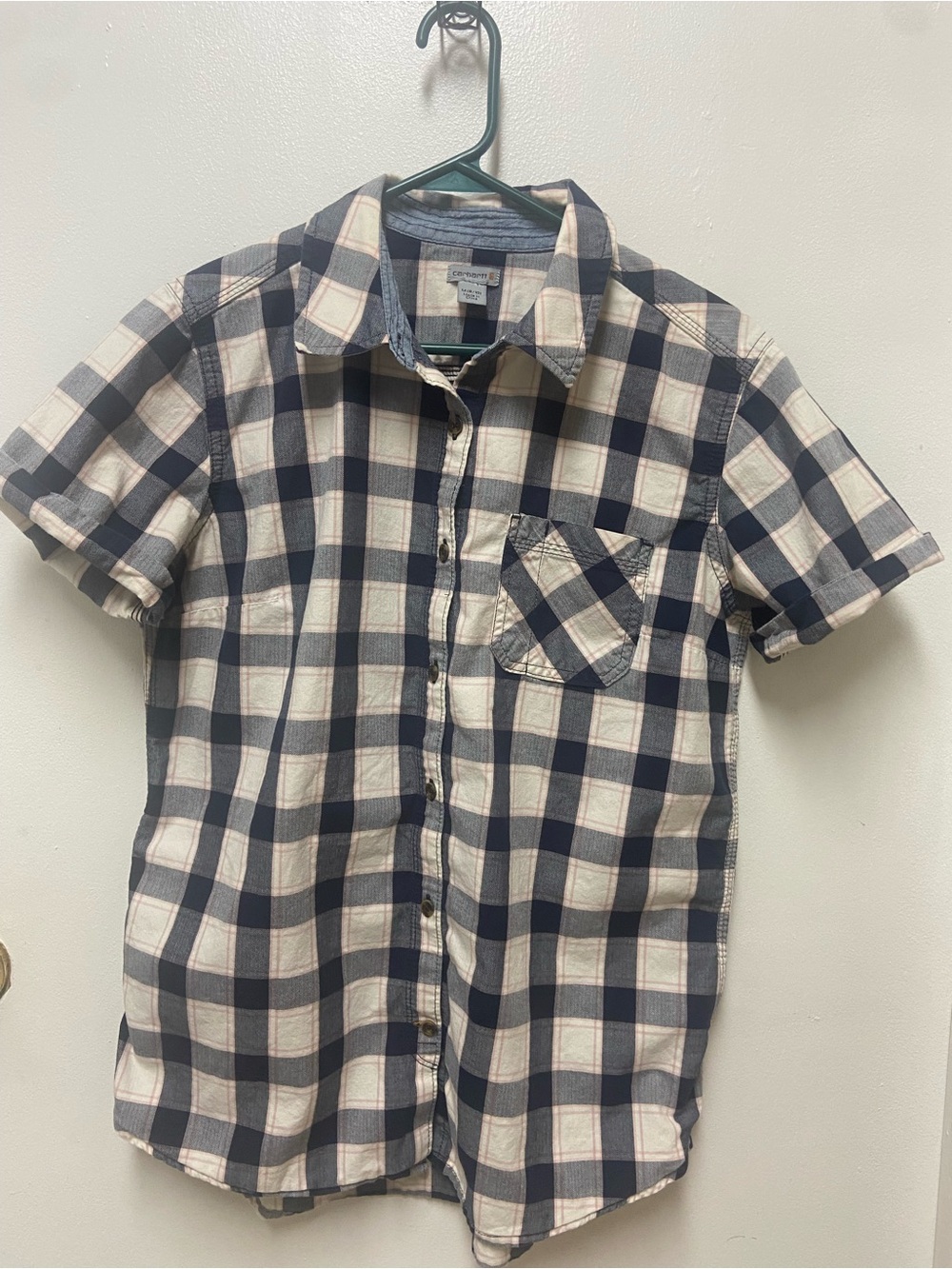Carhartt Women's Plaid Button Up Shirt M 8/10 Short Sleeve Navy Gray Cream